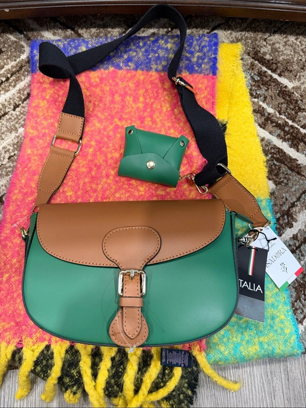 Italina Green & Brown original Leather Crossbody Bag with Matching Pouch